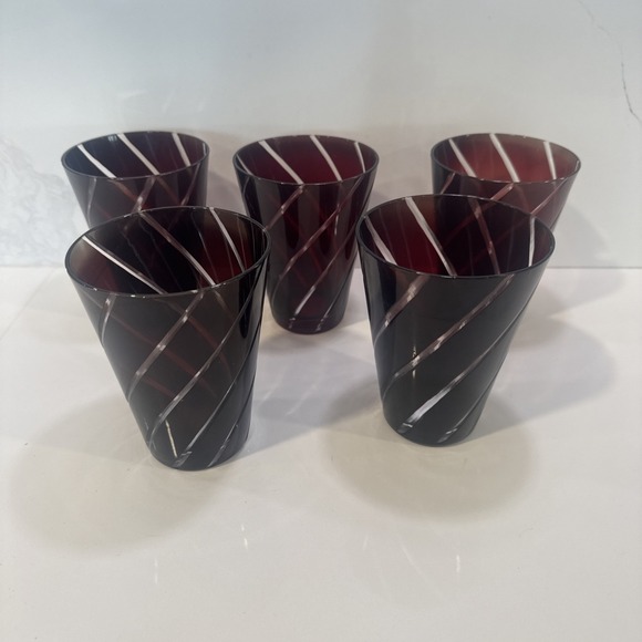 5 Vintage Blood Red Cut To Clear Crystal Glasses/Tumblers Bohemian Czech - Picture 1 of 8